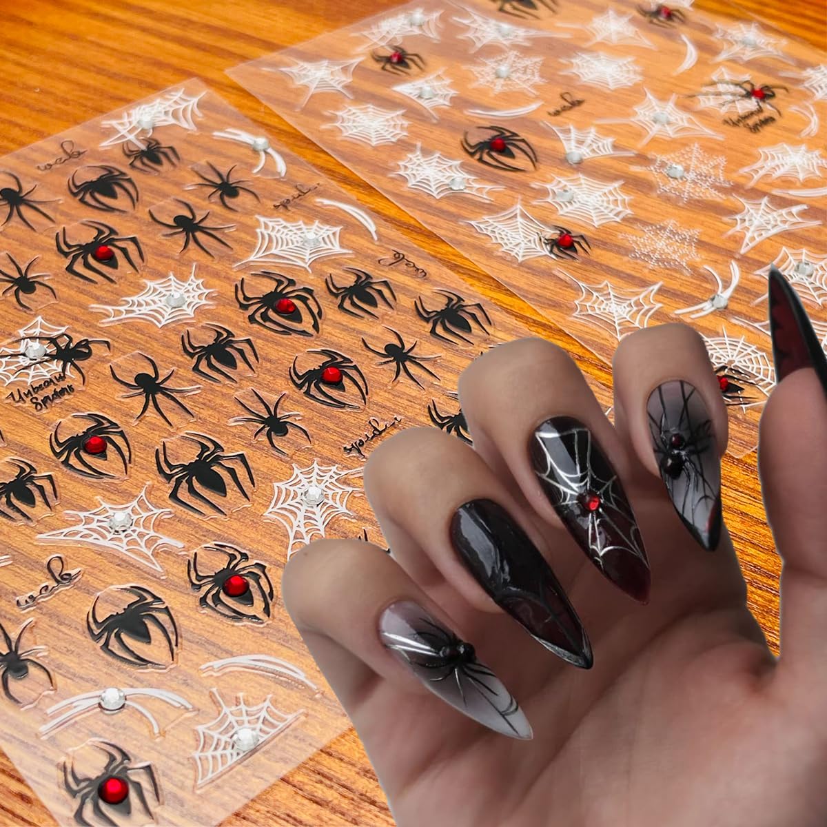 4 Sheets Spider Nail Art Stickers Self Adhesive Halloween Nail Decals Black White Spider Web with 3D Red Gem Rhinestones Designs Nail Sticker Luxury Halloween Nails Decoration for Women Manicure Tip