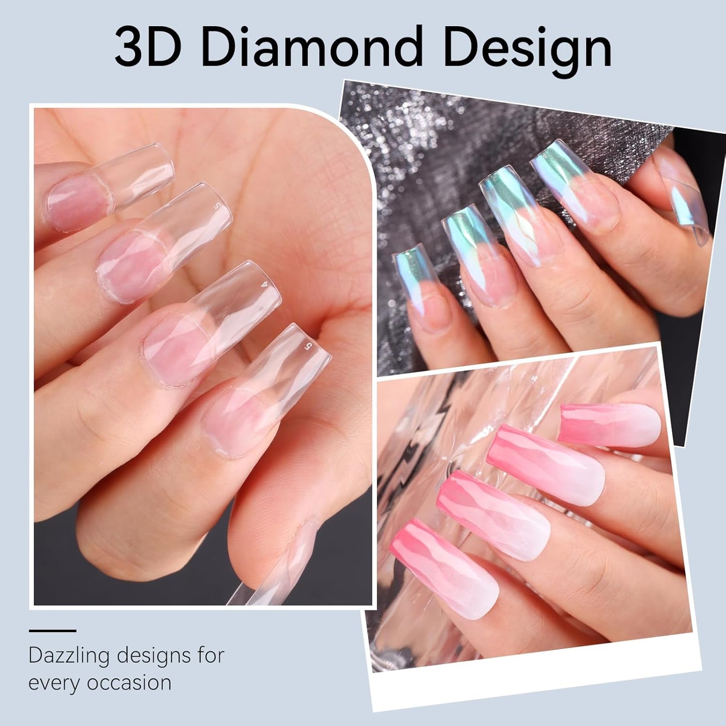 Makartt Medium Square Soft Gel Nail Tips: 120pcs 3D Diamond-Shaped Fake Nails Extension, 12 Sizes Full Cover Clear Press-On Tip, Natural Rhombus Lattice, Suit for Chrome Nail Powder