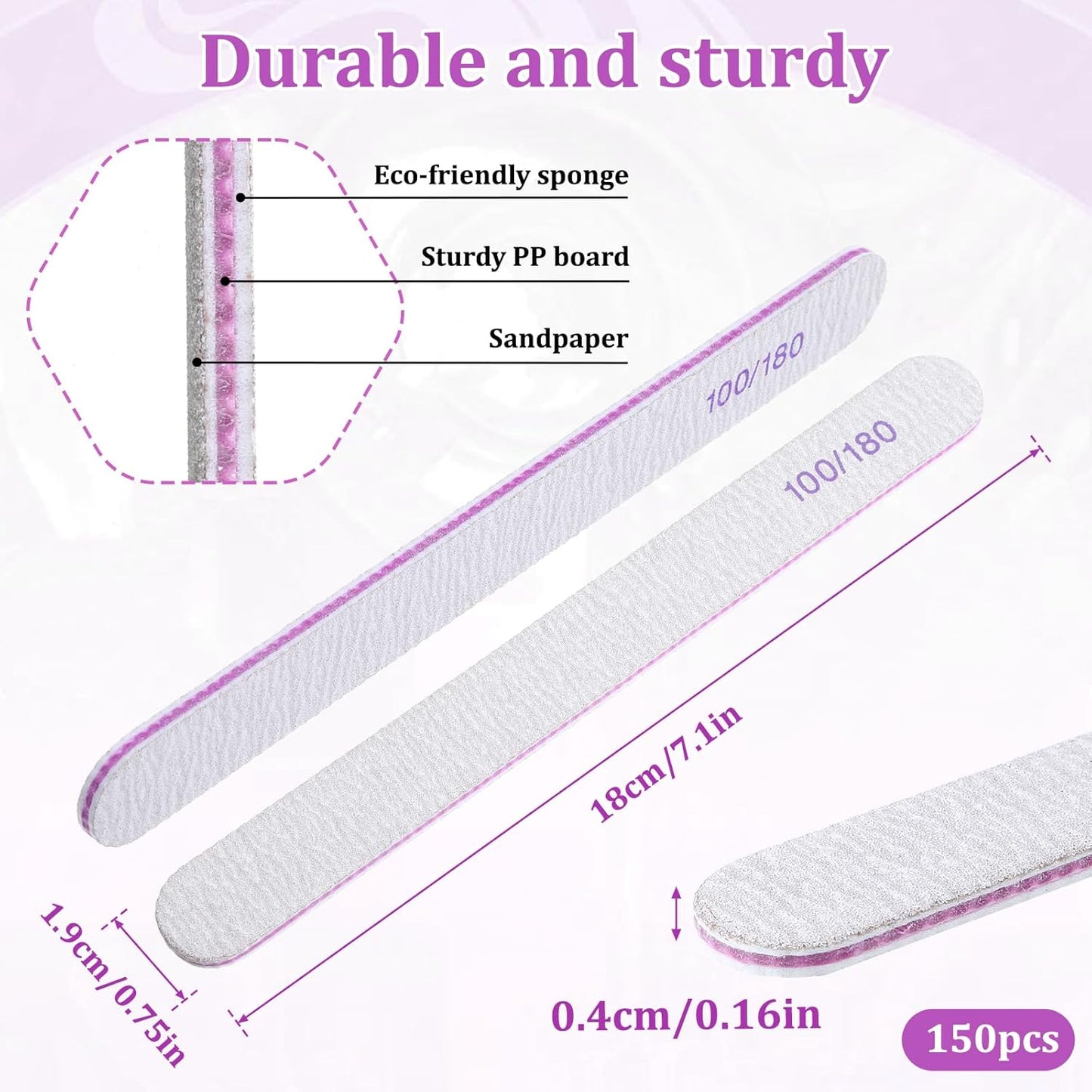 150 Pieces 100/180 Grit Nail Files, Double Sided Emery Boards Professional Washable Reusable Nail Buffers Manicure Tools Emery Board Nails Files for Natural Acrylic Nails, Home and Salon Use