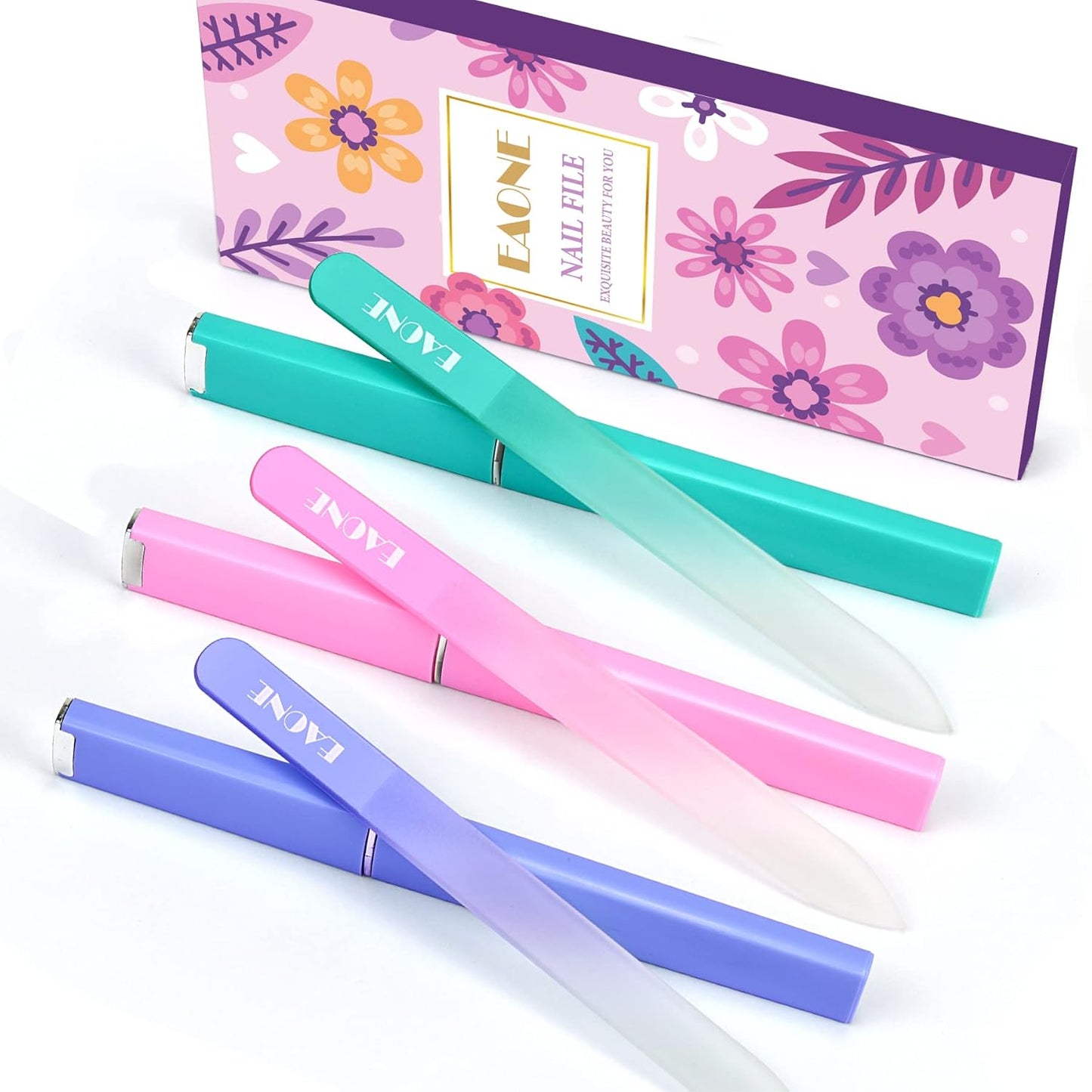 EAONE Crystal Glass Nail File with Case 3 Pack, Double-Sided Etched Fingernail Files for Natural Nails Professional Footnail Care Tool, Stocking Stuffers for Women Girls Gifts