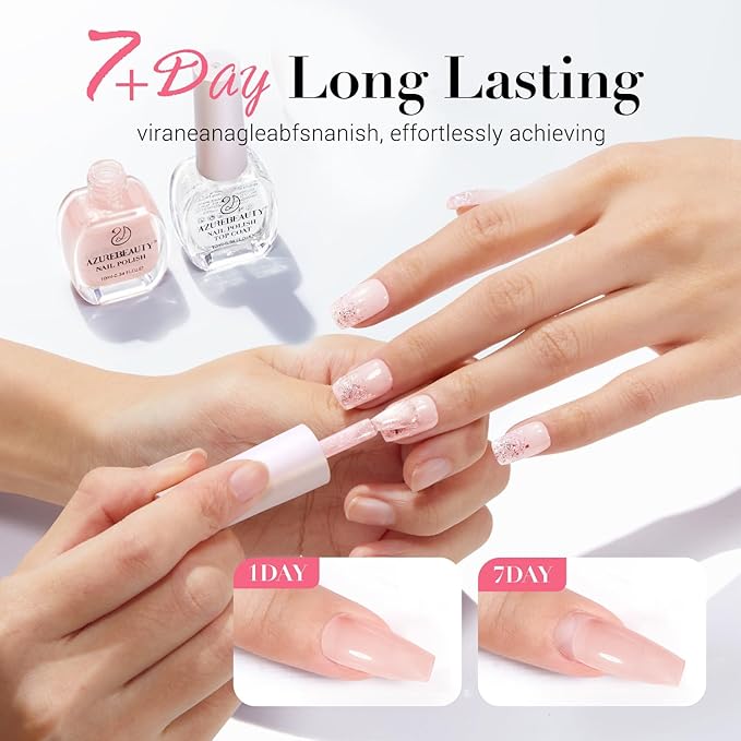 AZUREBEAUTY Nail Polish Set, 4 Colors Nude SKin Glitter Pearl Long Lasting All Season Quick Dry Natural Fingernail Lacquer Strengthening Treatment Kit 10ML with Top Coat DIY Salon at Home