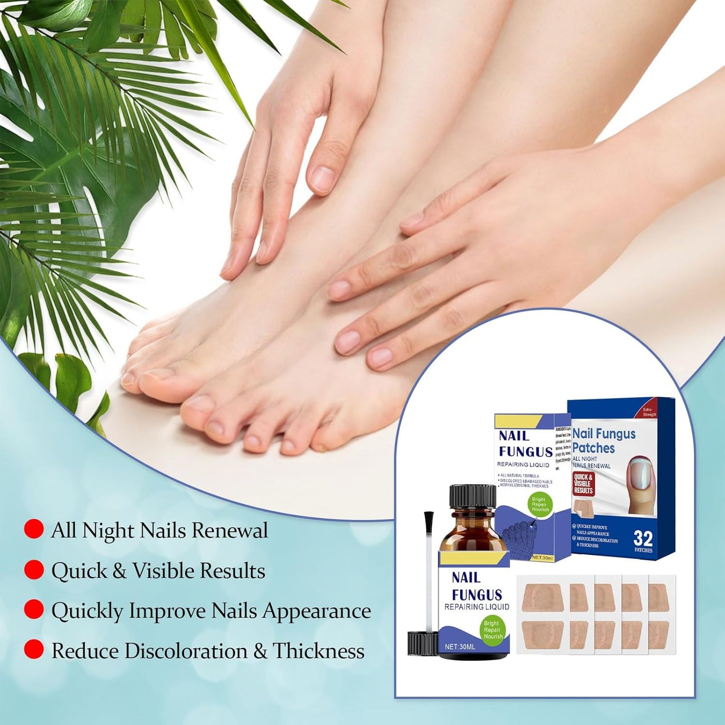 Toenail Fungus Treatment Extra Strength Kit, 30ml Nail Repair Solution and 32 Nail Renewal Patches for Damaged Thick Discolored Toenails and Fingernail