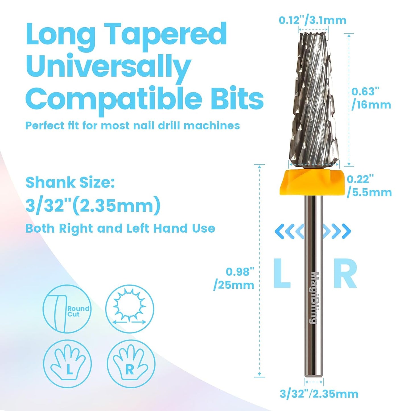 16mm 5 in 1 Tapered Barrel Nail Drill Bits, 3/32'' Safety Tungsten Carbide Bits, Right & Left Rotation, Manicure Cuticle Gel Acrylic Removal Polishing, Technicians Bits, Double Coarse.
