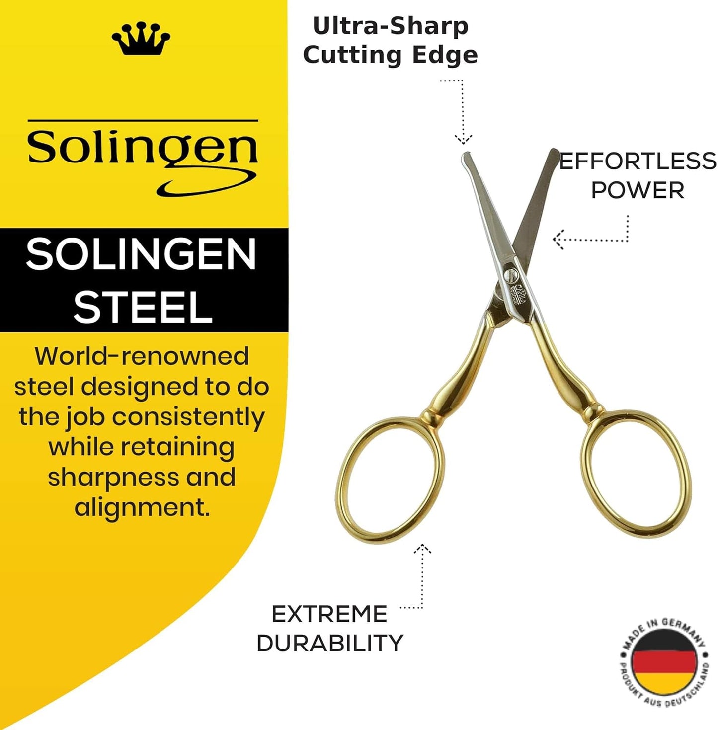 CS06 Professional Hypoallergenic Gold Plated Rounded Safety Tip Scissors for Facial, Body & Nostril Hair. for Men Women & Kids. Made of Durable Stainless Steel in Solingen, Germany