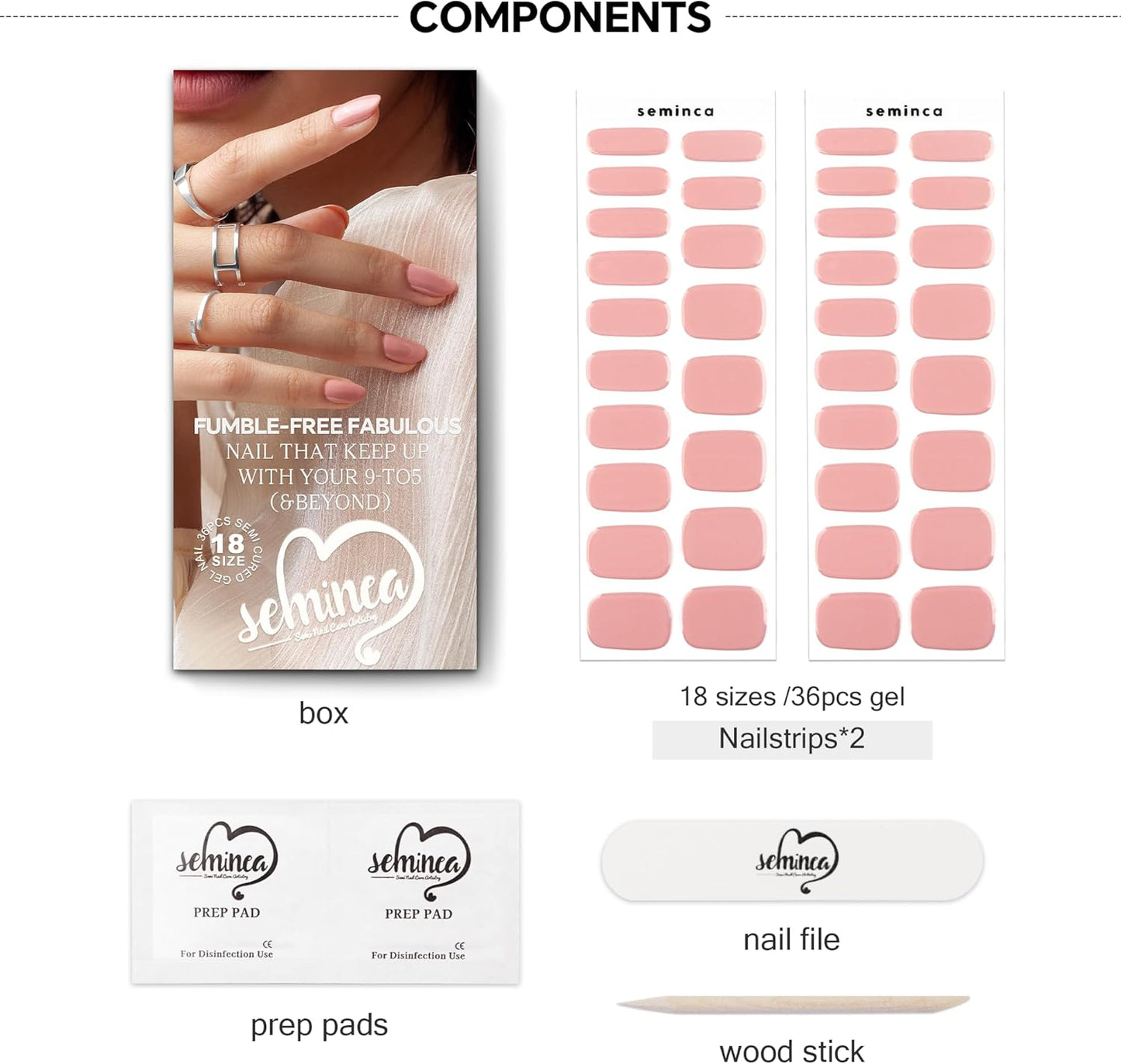 Semi Cured Gel Nail Art Wraps-18 Size Nail Strips Salon-Quality, Long Lasting, Easy On & Off Includes 36pcs Gel Nail Wraps Works with Any UV/LED Lamps(Bare Apricot)