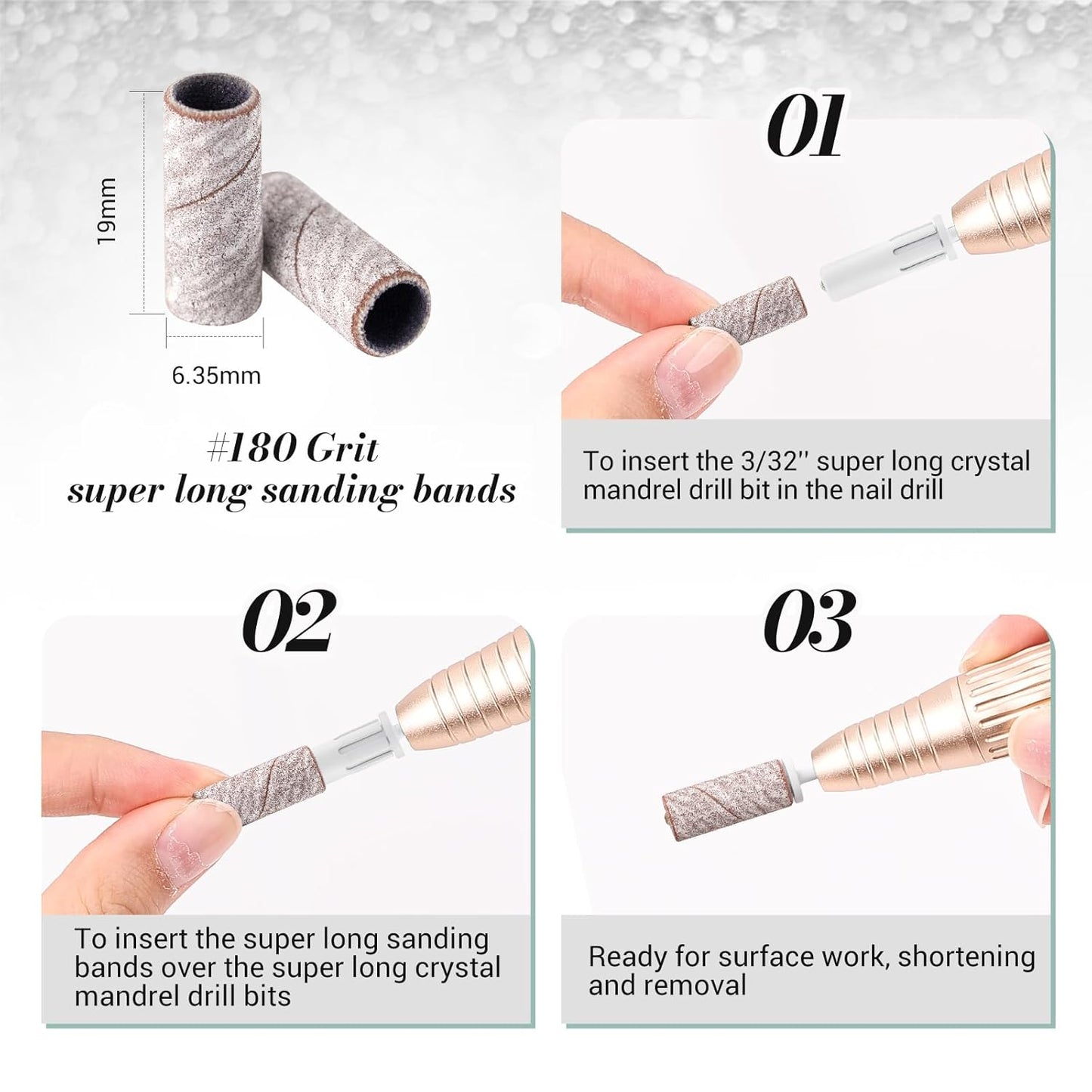 MelodySusie 50 Pcs Nail Drill Bits Super Long Sanding Bands with 6.65mm Crystal Mandrel Bit, 180 Fine Grit Nail File for Acrylic Nails Gel Manicures and Pedicure, Zebra