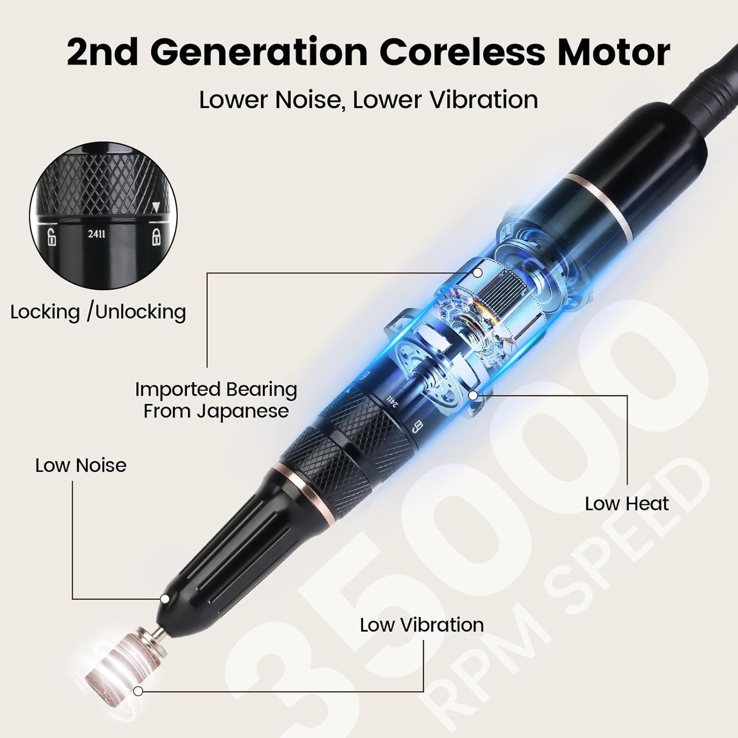 Lavinda 35000RPM Electric Nail Drill, Cordless Nail Drill Machine Portable Rechargeable Nail Efile for Acrylic Gel Nails, Manicure Pedicure Polishing Shaping Tool for Salon Home Use-Zebra Pattern