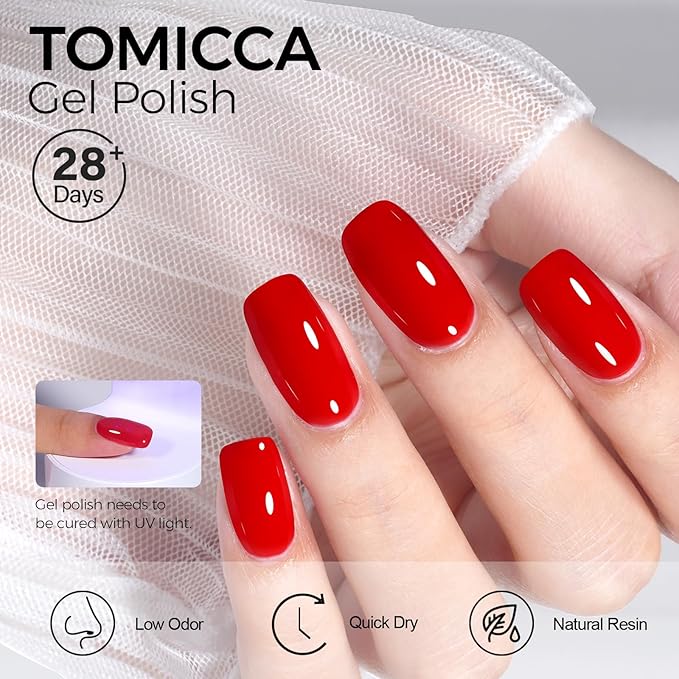 TOMICCA Red Gel Nail Polish, Ruby Red UV Polish, Long Lasting Gel Polish for Salon DIY Manicure