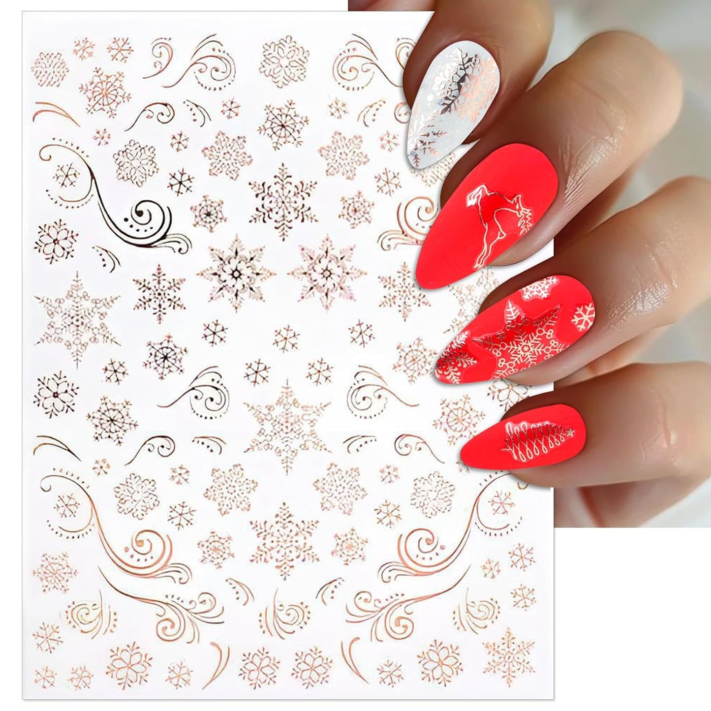 Christmas Nail Stickers, Rose Gold Self-Adhesive Nail Art Decals - 3D Snowflake Elk Design for DIY Manicure Winter Xmas Holiday DIY Nail Decorations (6 Sheets)