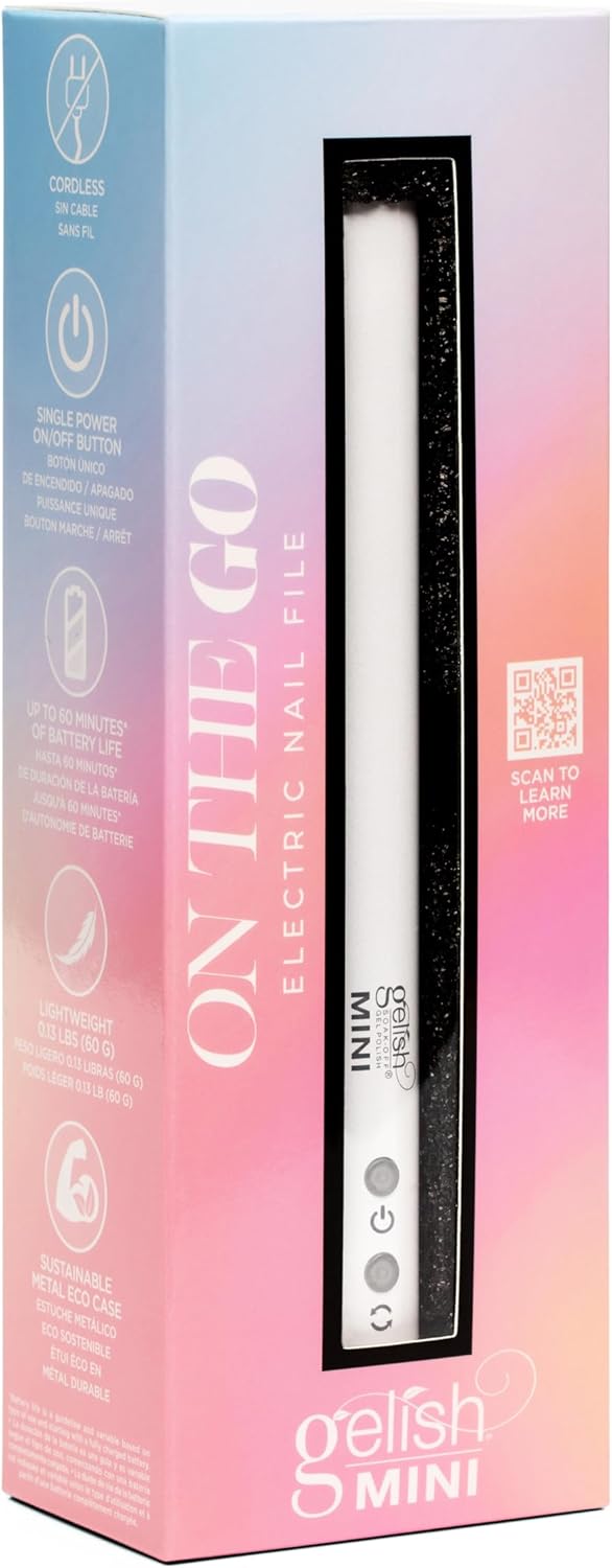 Gelish MINI On The Go Electric Nail File - Lightweight, Portable Nail Drill, Shaping, Filing, Gel Removal - 12 Interchangeable Bits & 6 Sanding Bands for DIY Manicures & Pedicures.