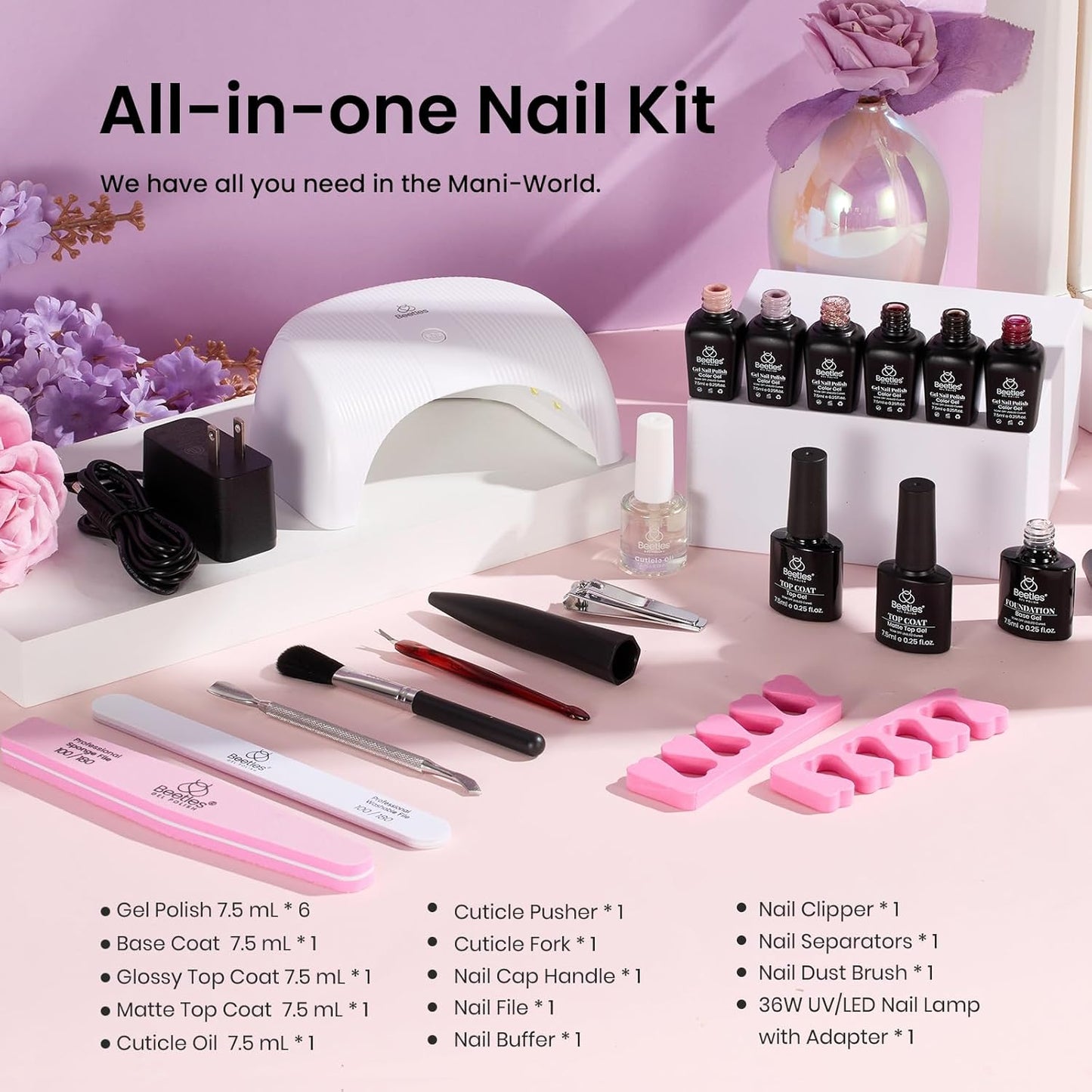 Beetles Gel Nail Polish Kit with UV Light 6 Colors Purple Nude Red Black Gel Polish 25 Pcs Starter Kit Soak off 36W LED Nail Lamp Gel Nail Polish Set Salon DIY Nail Decoration Gifts for Women