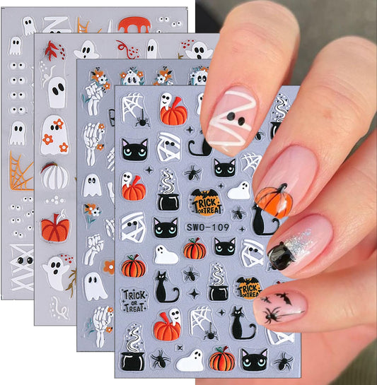4 Sheets Halloween Nail Art Stickers Decals Cute Cat Ghost Nail Decals 3D Self-Adhesive Pumpkin Spider Web Skeleton Flower Nails Stickers Halloween Nails Supplies for Women Manicure Decor