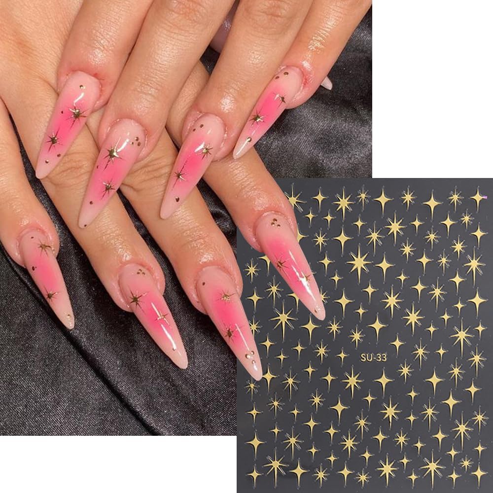 4 Sheets Starlight Star Nail Stickers 3D Glitter Shiny Purple Gold Silver Laser Stars Nail Art Designs Self-Adhesive Nail Decals for Women Girls DIY Manicure Decoration Supplies
