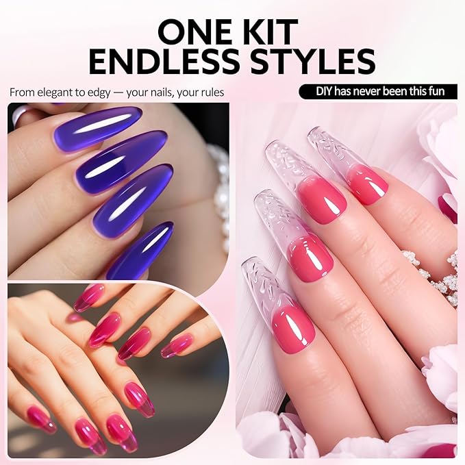 VENALISA 10 ML Jelly Gel Nail Polish Set with DIY Nail tips Kit, 5 Pcs Transparent Yellow Purple Red Gel Polish Color High Gloss Soak Off U V Nail Manicure Salon DIY