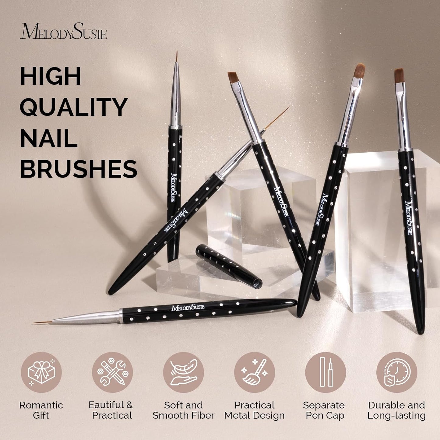 MelodySusie 6pcs Nail Art Brushes Set, Professional Pen Nail Gel Brush, Nail Extension and Builder Brush, Liner Brush 3 Sizes, Fashion Design for Home DIY Salon Use, Black