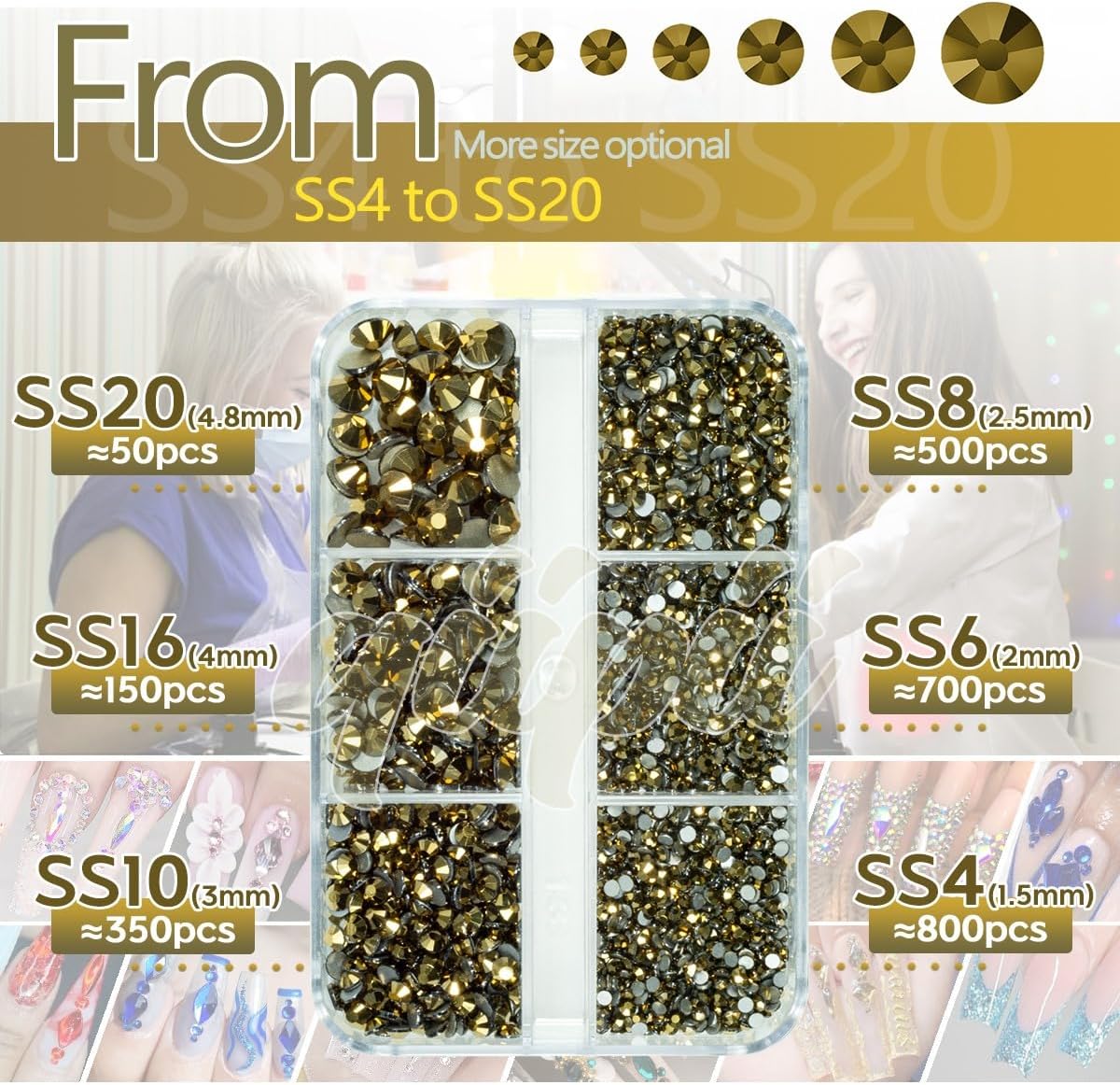 2550pcs Golden Nail Art Flatback Rhinestones for Face Makeup Metallic Golden Nail Gems Gemstones K9 Glass SS4~SS20 6 Sizes Mine Gold Diamonds Stones Crystals w Picking Pen for Nails DIY Crafts