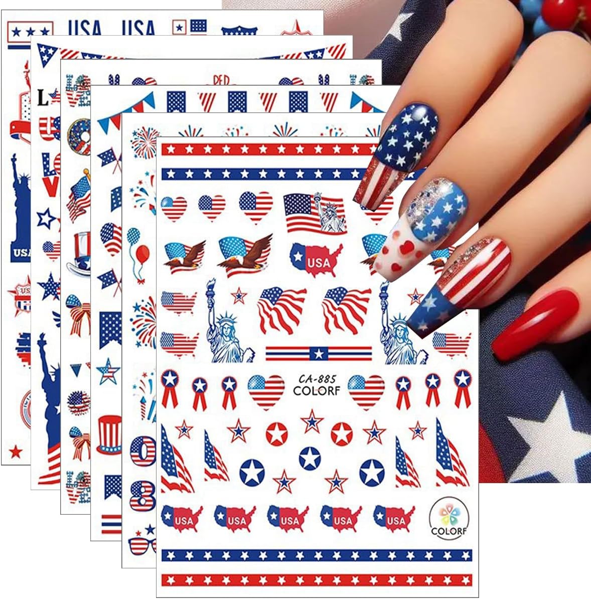 6Pcs Independence Day Nail Stickers for Nail Art - Celebrate 4th of July Nail Decals 3D Self-Adhesive USA Flags Heart Star Bow Eagle Design Firework Sticker for Memorial Day DIY Patriotic Nail Decor