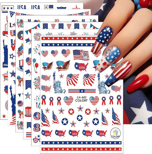 6Pcs Independence Day Nail Stickers for Nail Art - Celebrate 4th of July Nail Decals 3D Self-Adhesive USA Flags Heart Star Bow Eagle Design Firework Sticker for Memorial Day DIY Patriotic Nail Decor