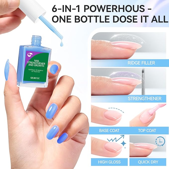 gelike ec Nail Strengthener and Growth Polish: Milky Blue Quick Dry Nail Hardener Repair Damaged Thin Nails for Women After Gel Removal With Multi-Vitamins and Protein 16ml Vegan