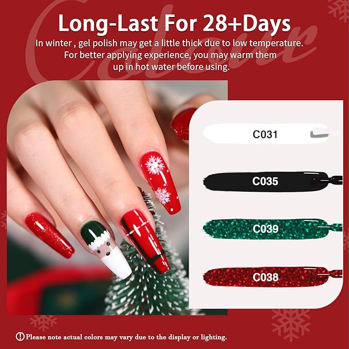 Christmas Day Gel Nail Polish Set - 10 Color Gel Polish Set with Red, White, Green, Gold, Silver Glitter & Sparkle. Soak Off Nail Art Manicure DIY Gifts for Women