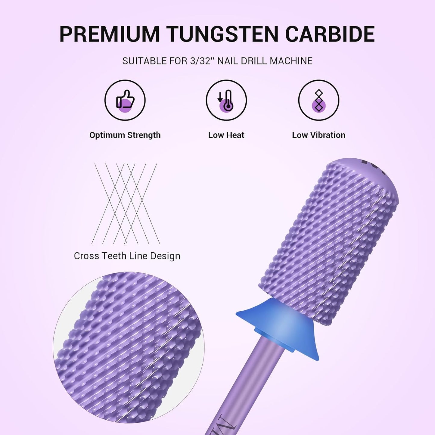 MelodySusie Safety Nail Drill Bits, 3/32'' Smooth Round Top Large Barrel Carbide Bits, Suitable for Manicure Pedicure Cuticle Gel Polishing, Beginners Bits, Purple, Series Bit-S, M