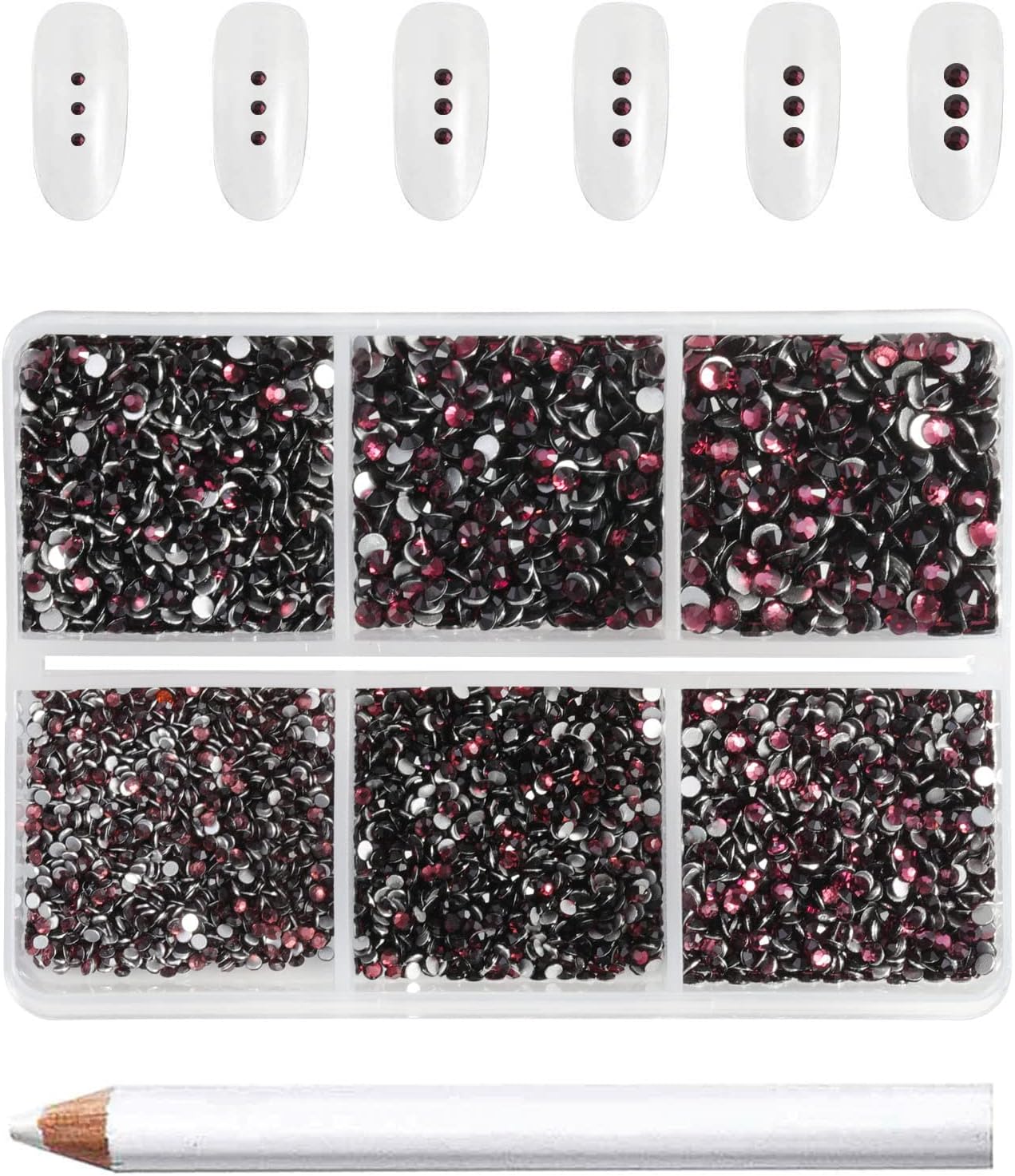 Beadsland 7200pcs Flatback Rhinestones,Burgundy Rhinestone Nail Gems Round Crystal Rhinestones for Crafts,Mixed 6 Sizes with Wax Pencil Kit, SS3-SS10,Amethyst