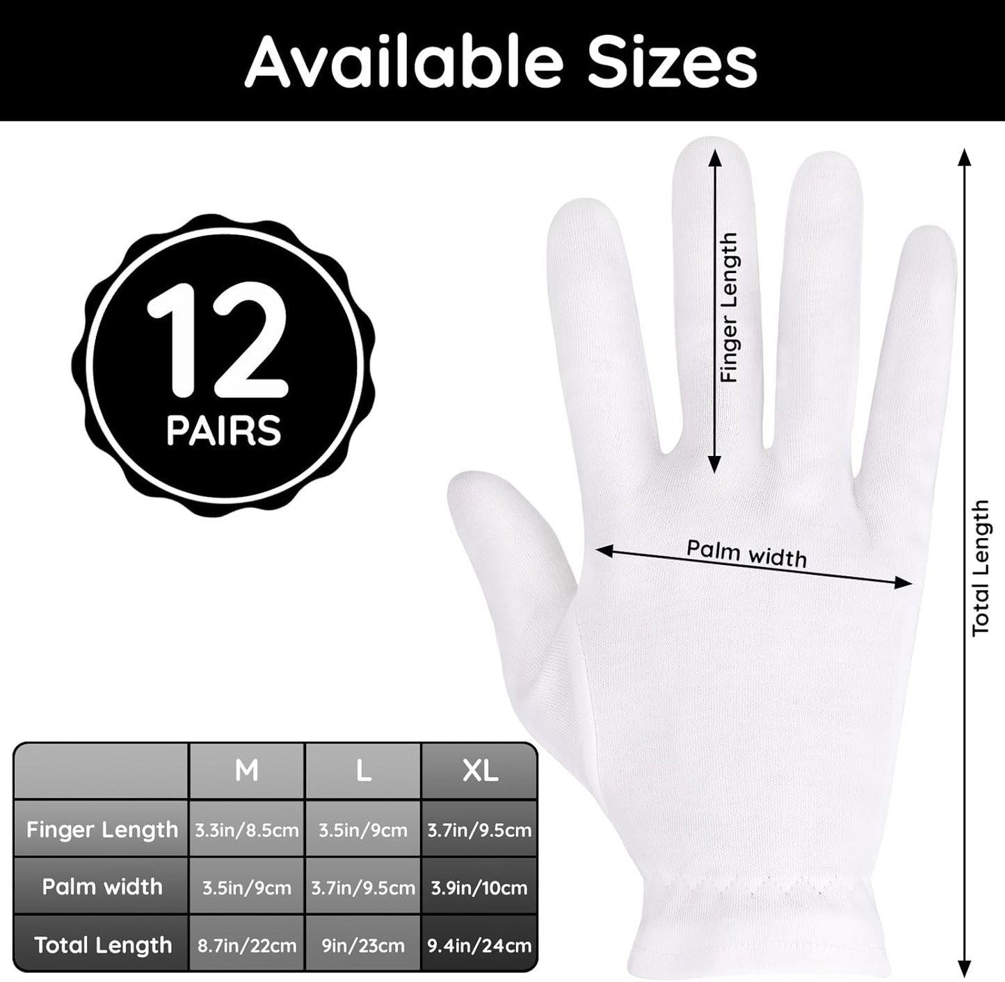 Segbeauty 24 Count White Cotton Hand Gloves with Elastic Band, Extra Large Lotion Moisturizing Gloves (12 Pairs) for Men and Women, Dry Skin Care Overnight Sleeping Gloves