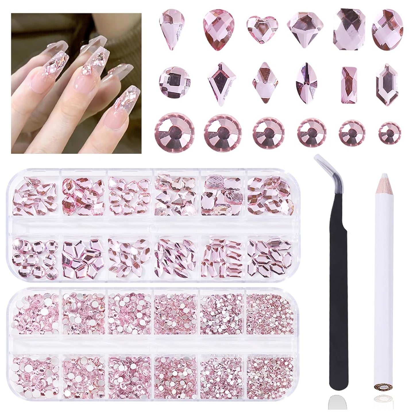 HOINCO 3120 Light Pink Diamond Rhinestones, Crystal AB Flat Bottom Gemstones for Nail Art DIY Craft Decoration With Crayon Tweezers - 3D Mixed Size