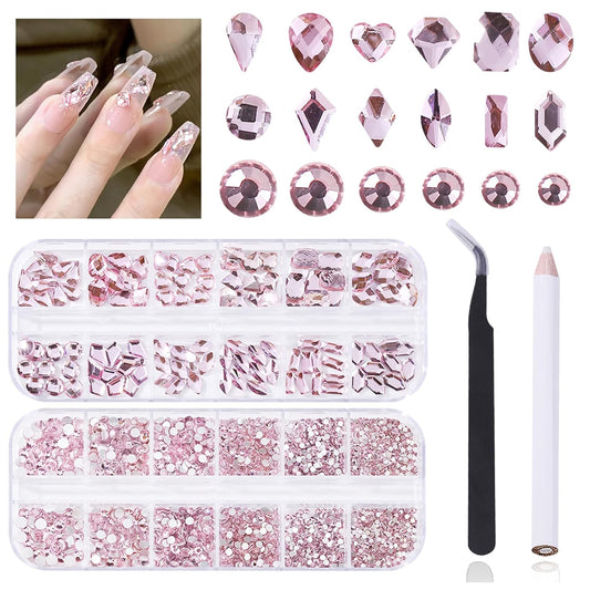 HOINCO 3120 Light Pink Diamond Rhinestones, Crystal AB Flat Bottom Gemstones for Nail Art DIY Craft Decoration With Crayon Tweezers - 3D Mixed Size