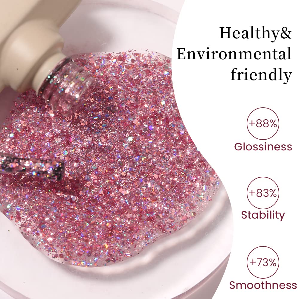 MAYCHAO 15ML Rose Pink Glitter Gel Nail Polish 1Pc Sparkly Pink Glitter Gel Polish Soak Off UV LED Nail Polish Nail Art Starter Manicure Salon DIY at Home, 0.5 OZ