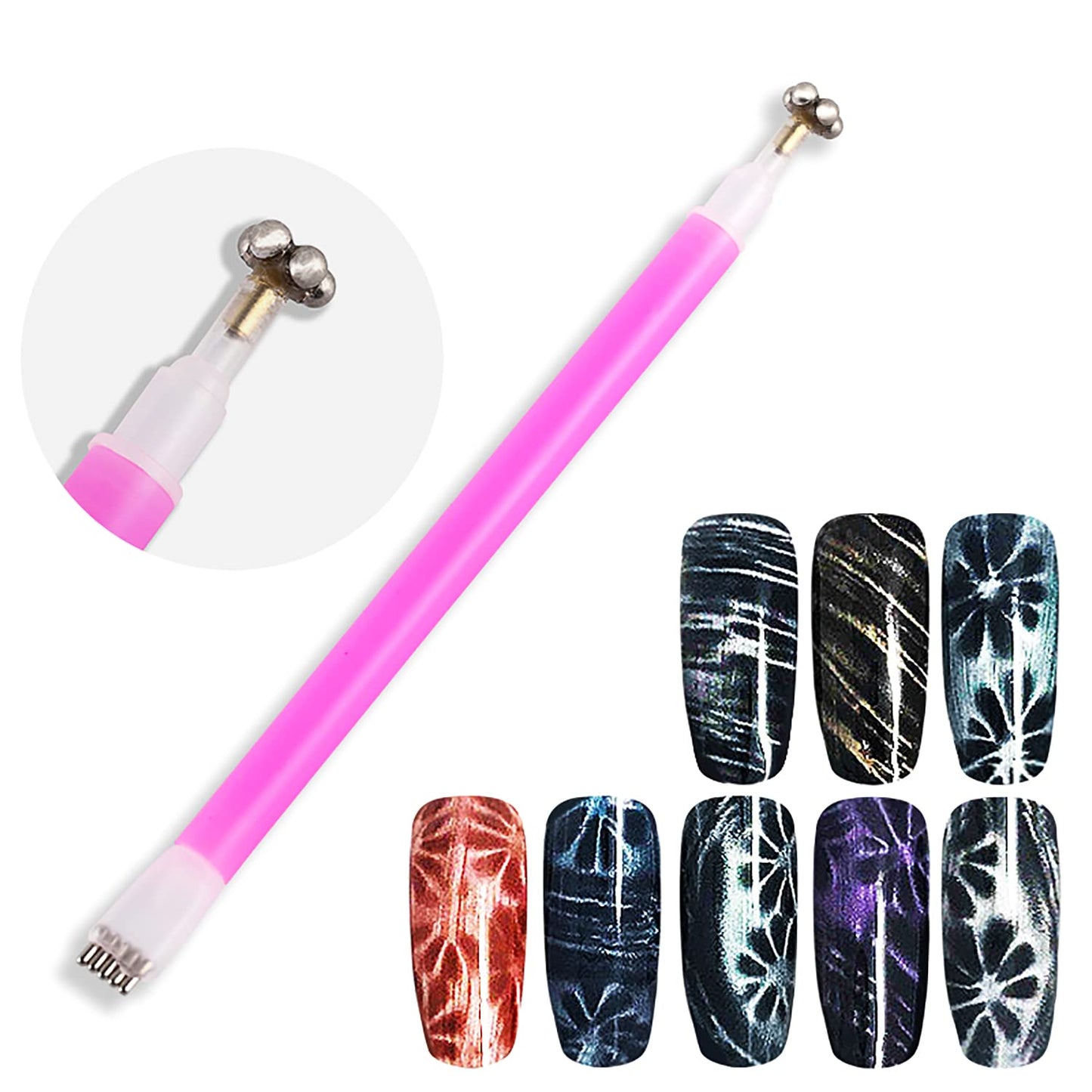 JERCLITY 5 Pieces Nail Magnet Stick Cat Eye Magnet Tool Double-Headed Flower Design Nail Art Magnet Pen Set Magnet Wand Strong Magnet Stick Dotting Pens for Home DIY, Salon, Studio