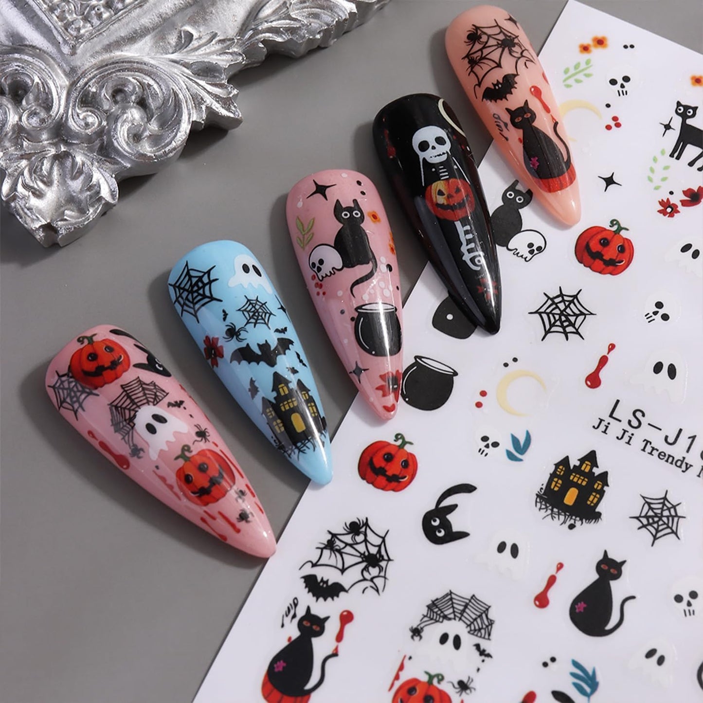 Halloween Nail Stickers for Nail Art Cute Ghost Black Cat Pumpkin Blood E3D Self-Adhesive Nail Decals Nail Art Supplies Nails Design Manicure Stickers for Nails Decoration 6Sheets