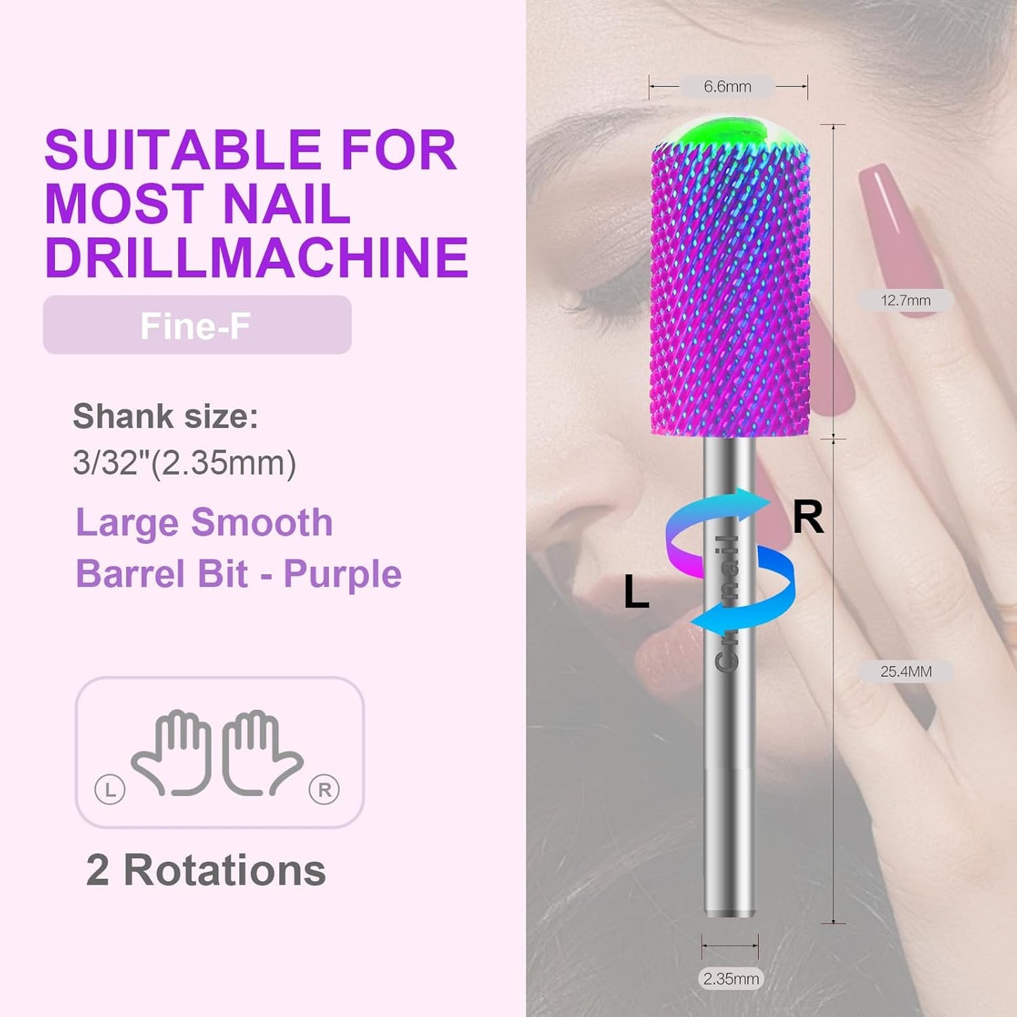 3/32" 2PCS Large Barrel Smooth Round Top Tungsten Carbide Nail Drill Bit Safety Bit for Gel & Acrylic Removal, 2-Way Rotating Efile Tip, Salon Electric File Accessory (F Grit, Purple)