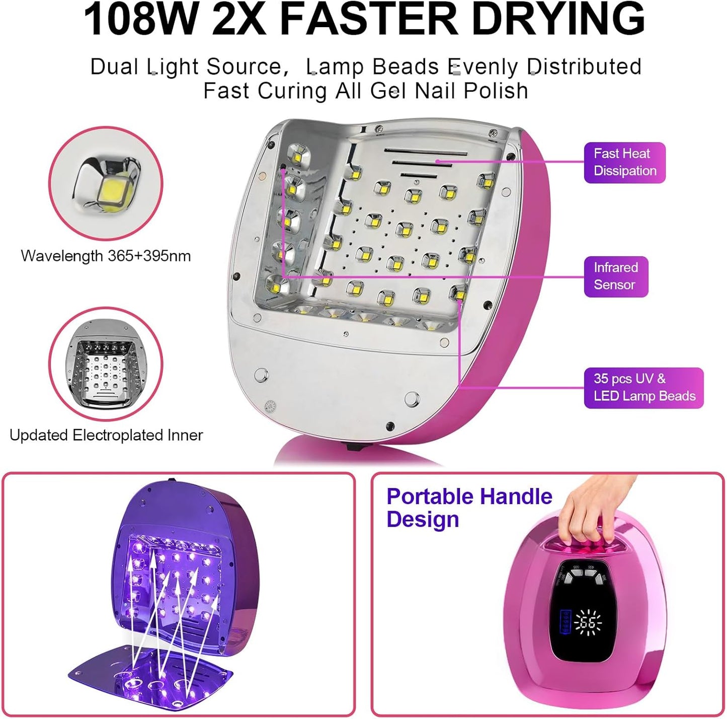 UV LED Nail Lamp Dryers Cordless 108W Rechargeable Portable UV Light for Gel Nails Polish Kit,Fast Curing Poly Builder Gel Lamp with Sensor Metal Base 4 Timer 35 LEDs,Professional Manicure Art Tools