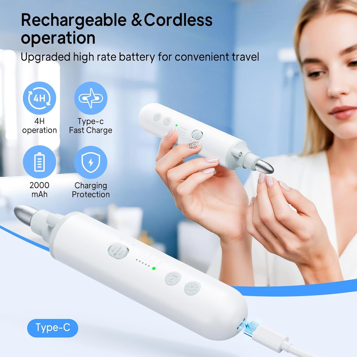 Cordless Nail Drill Electric Nail File: Professional Manicure Pedicure Kit for Acrylic Gel Nails Grind Trim Polish, 5-Speed Brushless Electric Foot Callus Remover ,Nail Tool for Women & Men