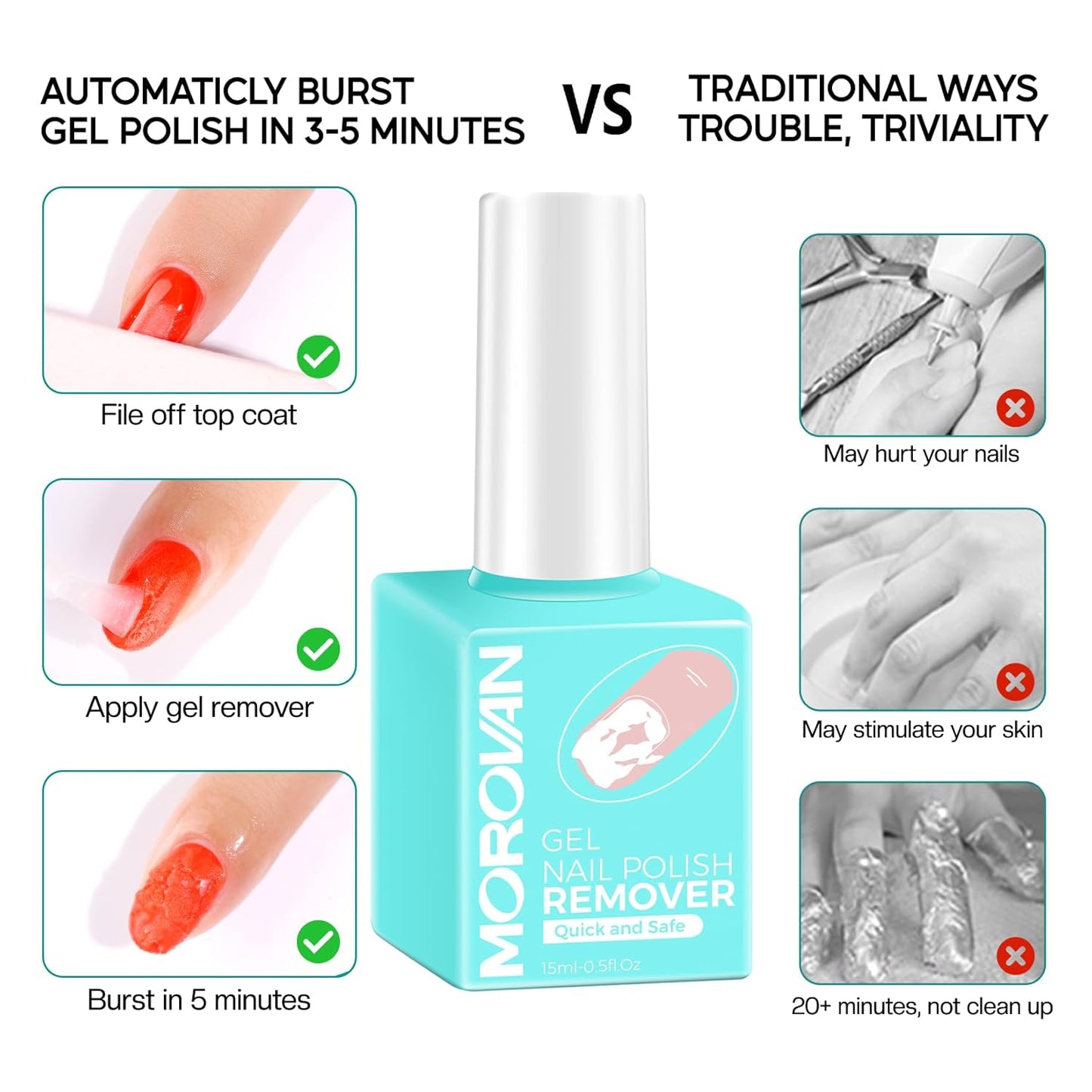 Morovan Gel Nail Polish Remover Kit: Gel Polish Remover with Liquid Latex Tape Nail Strengthener Nail Tools Quick Remove Gel Nail Polish in 3-5 Minutes No Need to Warp & Soak