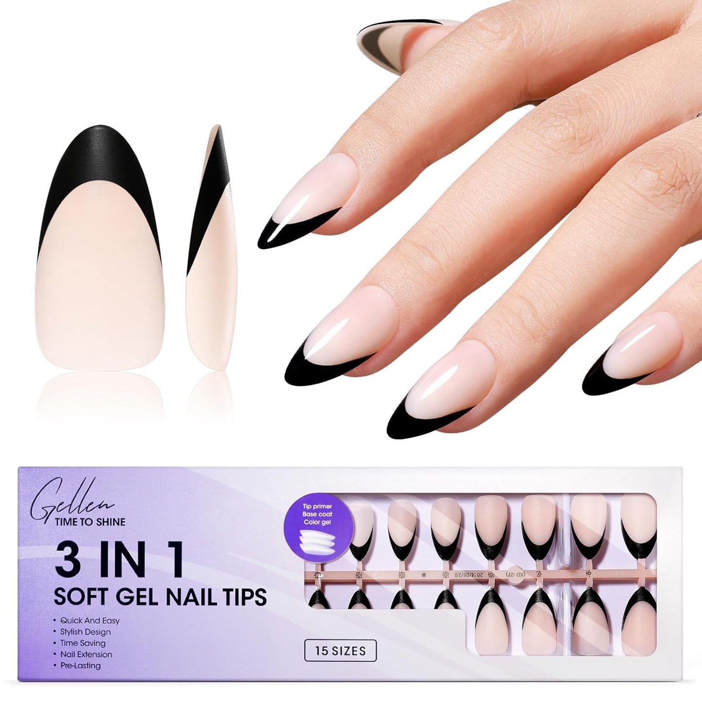 Gellen French Gel Nails, Soft Almond French Tip Press on Nails 150 Pcs, Classic Pink French Tip Nails, 3 in 1 No Need to File Natural Full Cover Tips 15 Sizes, Glue On Nails for Women Nails Art