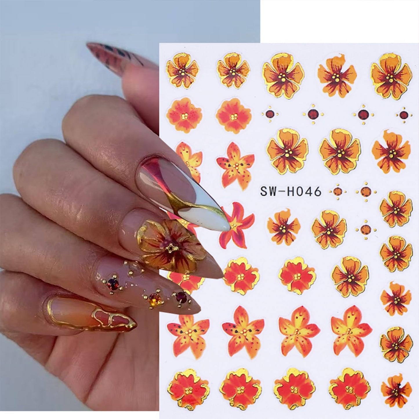 Flower Nail Stickers for Nail Art 3D Self-Adhesive Lily Hibiscus Tulip Flowers Nail Stickers Fall Floral Nail Decals Supplies for Women DIY Manicure Supplies Accessories 4 Sheets