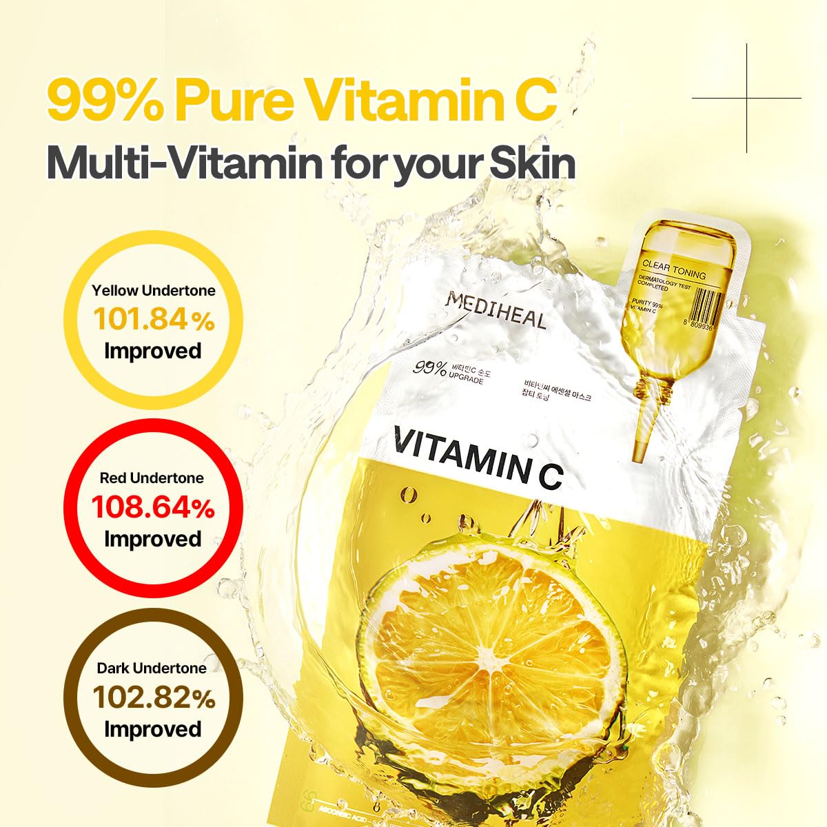 Mediheal Vitamin C Essential Sheet Mask Clear Toning 10 pcs. 99% Pure Vitamin C & 10 Vita Actives for hydration, blemish. Vegan formula