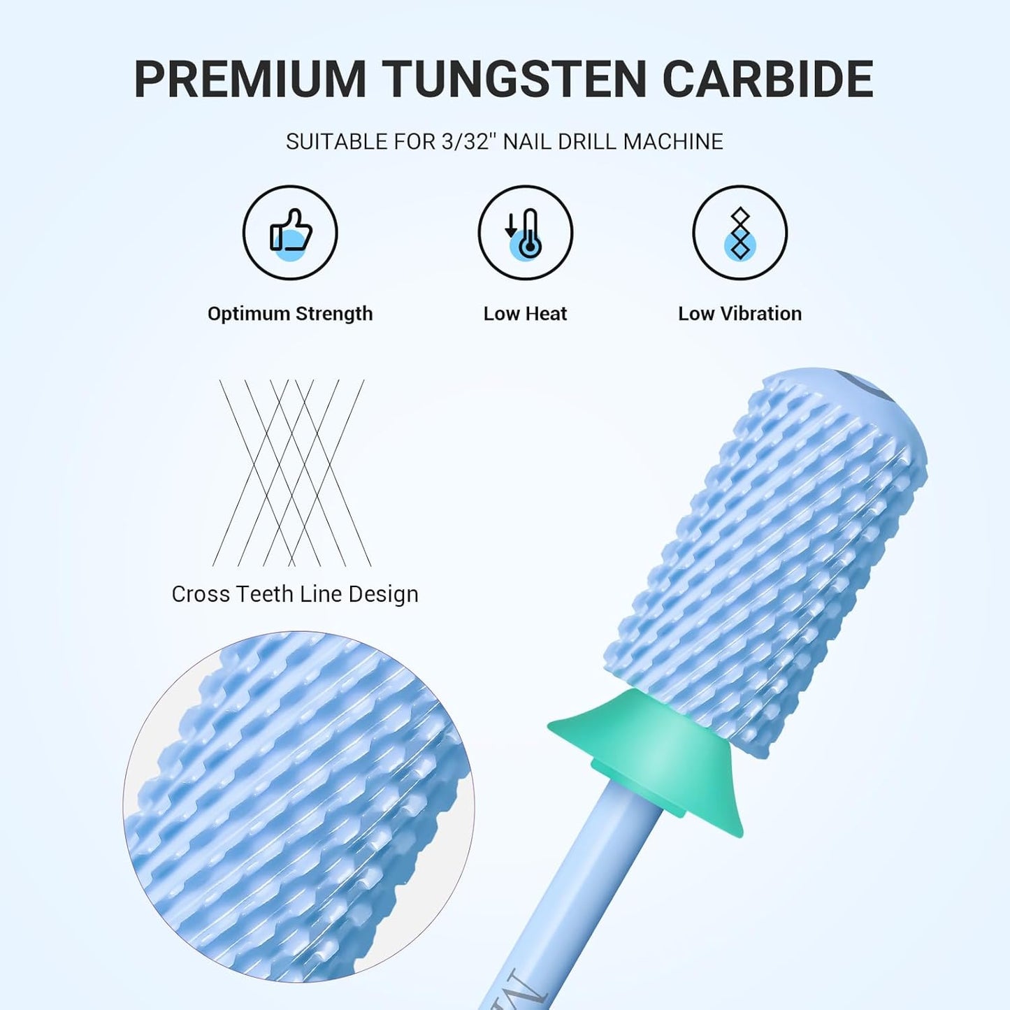 MelodySusie Safety Nail Drill Bits, 3/32'' Smooth Round Top Large Barrel Carbide Bits, Suitable for Manicure Pedicure Cuticle Gel Polishing, Beginners Bits, Light Blue, Series Bit-S, C