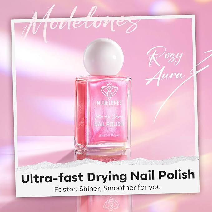 modelones Shine Pink Nail Polish, 15ml Shimmer Pearl Pink Nail Polish Quick Dry Nail Lacquer Strengthener Long Last Shine Fingernail Toe Nail Art DIY Home Travel Manicure Gift for Women Girls