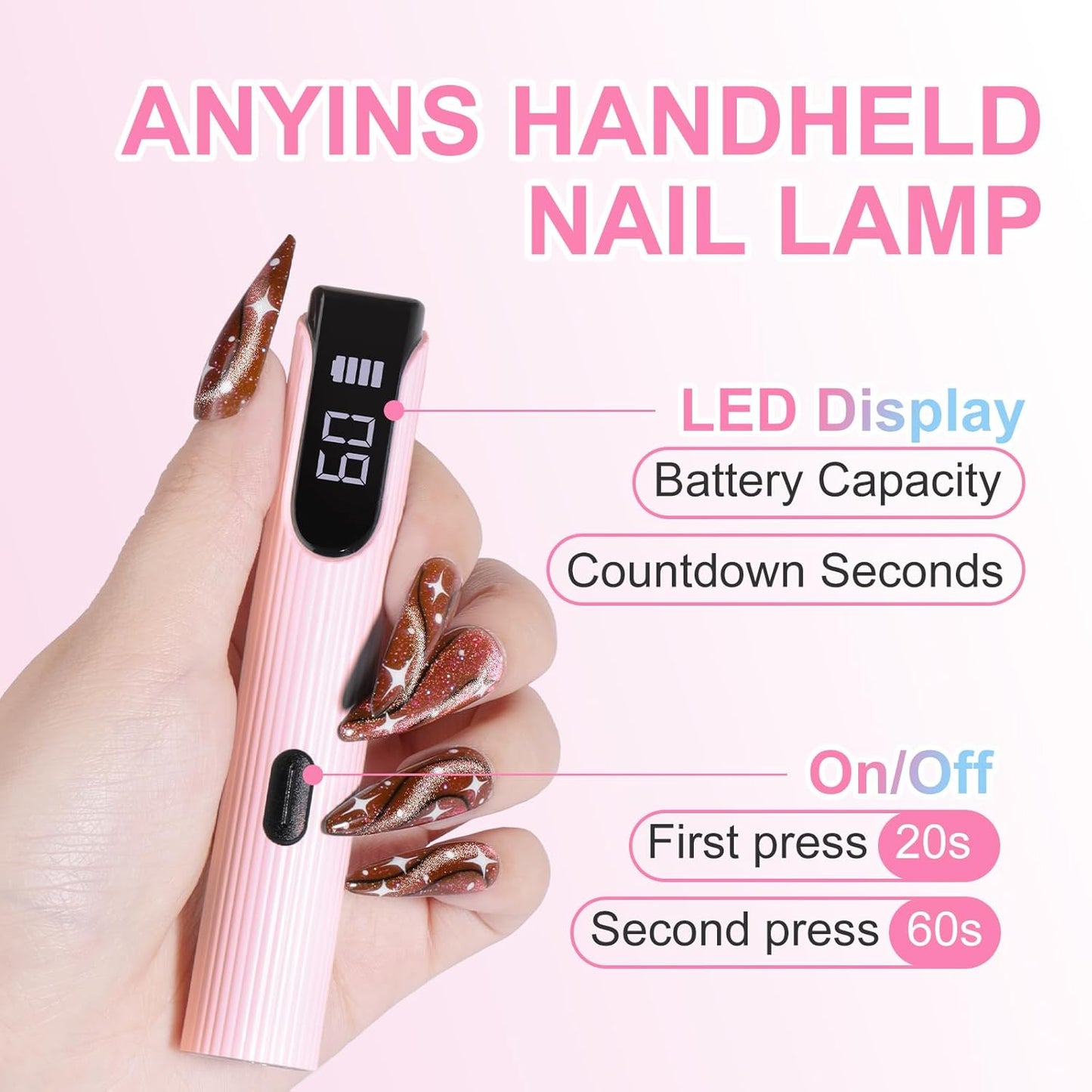 Handheld UV Light for Gel Nails, Pink Mini UV Light for Nails Cordless Mini Nail Lamp Rechargeable with Led Display Lamp for Rhinestone Glue Decoration DIY at Home (Pastel Pink)