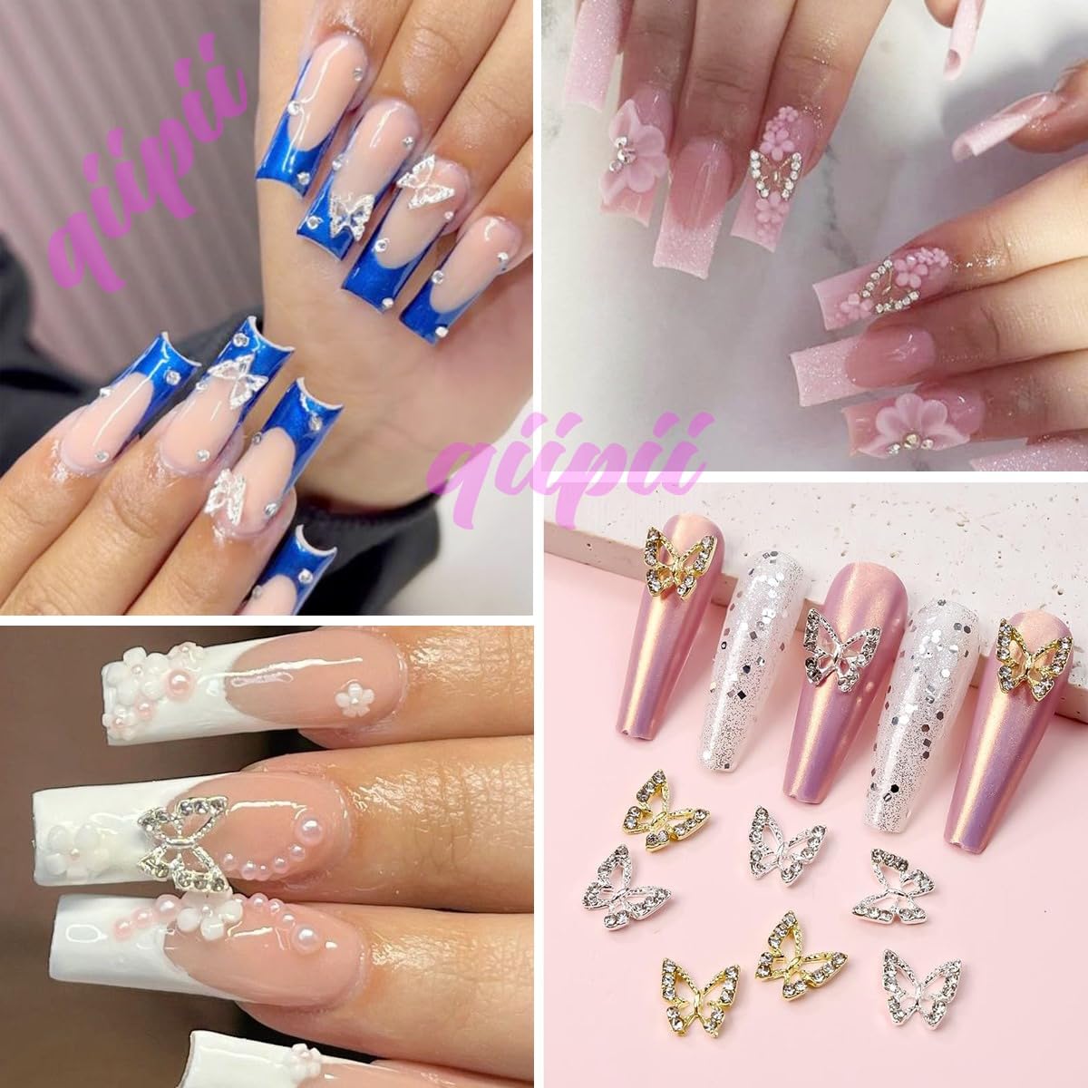 Golden Butterfly Nail Charms Bulk 48pcs 3D Gold Butterflies Charms for Acrylic Nails, Nail Rhinestones Charms Alloy Studs Nail Art Jewels Diamonds Gems Decor Supplies for Nails Face Makeup DIY
