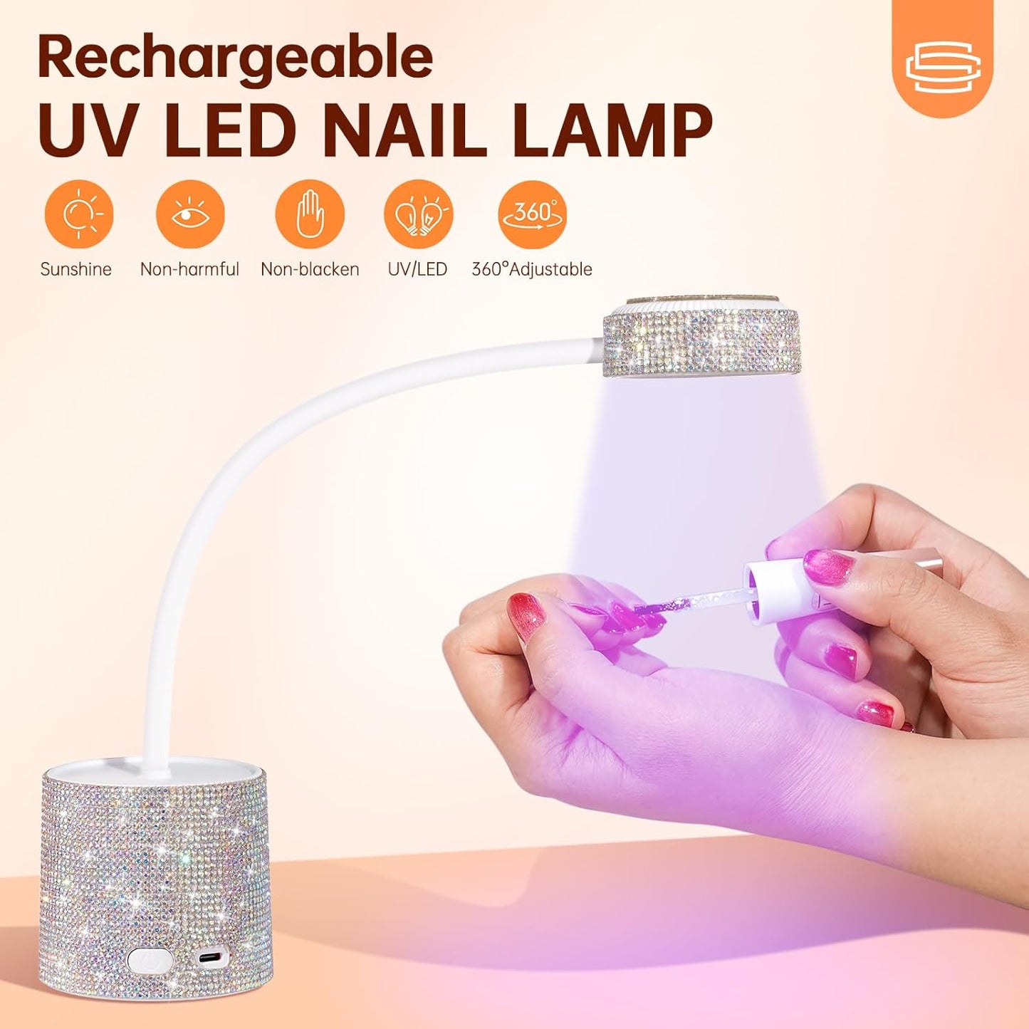 UV LED Nail Lamp, Mini UV Light for Gel Nails Polish, Rechargeable LED Flash Cure Nail Dryer, Quick Drying Goosenecks UV Nail Lamp for Home Nail Salon DIY Manicure, AB Diamond