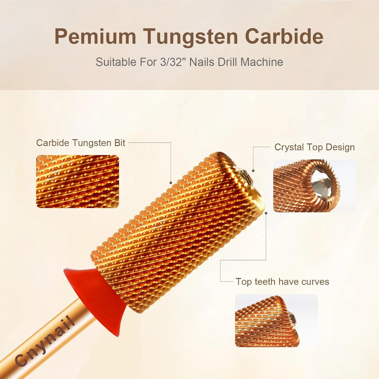 3/32" Large Barrel Crystal Top Tungsten Carbide Nail Drill Bit Safety Bit for Gel & Acrylic Removal, 2-Way Rotating Efile Tip, Salon Electric File Accessory (F Grit, Ti-Gold)
