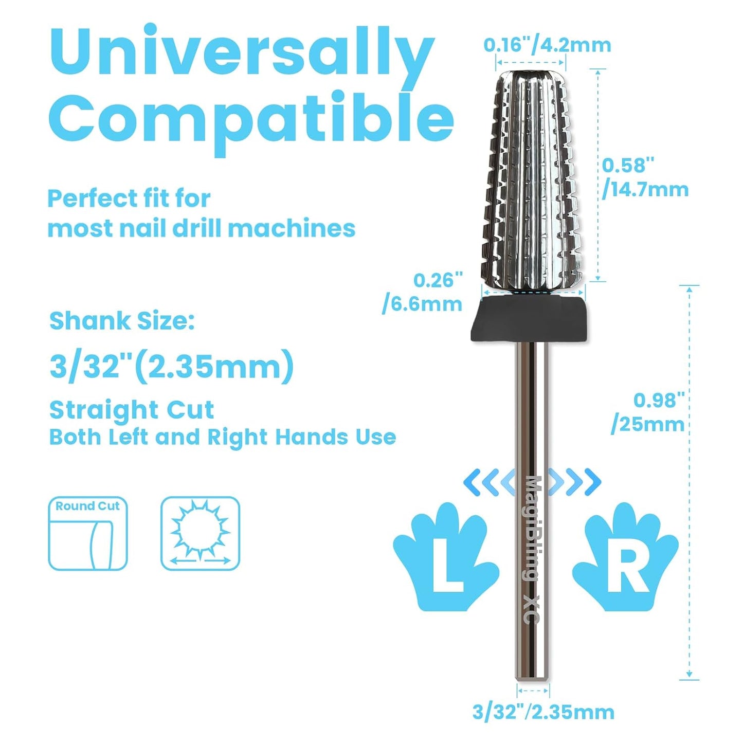 5 in 1 Nail Drill Bits, Straight Cut 3/32'' Professional Tungsten Carbide Bits, Two-way Rotation Easy for Left Hand, Hard Soft Gel Removal Fast Manicure Polishing, Extra Coarse