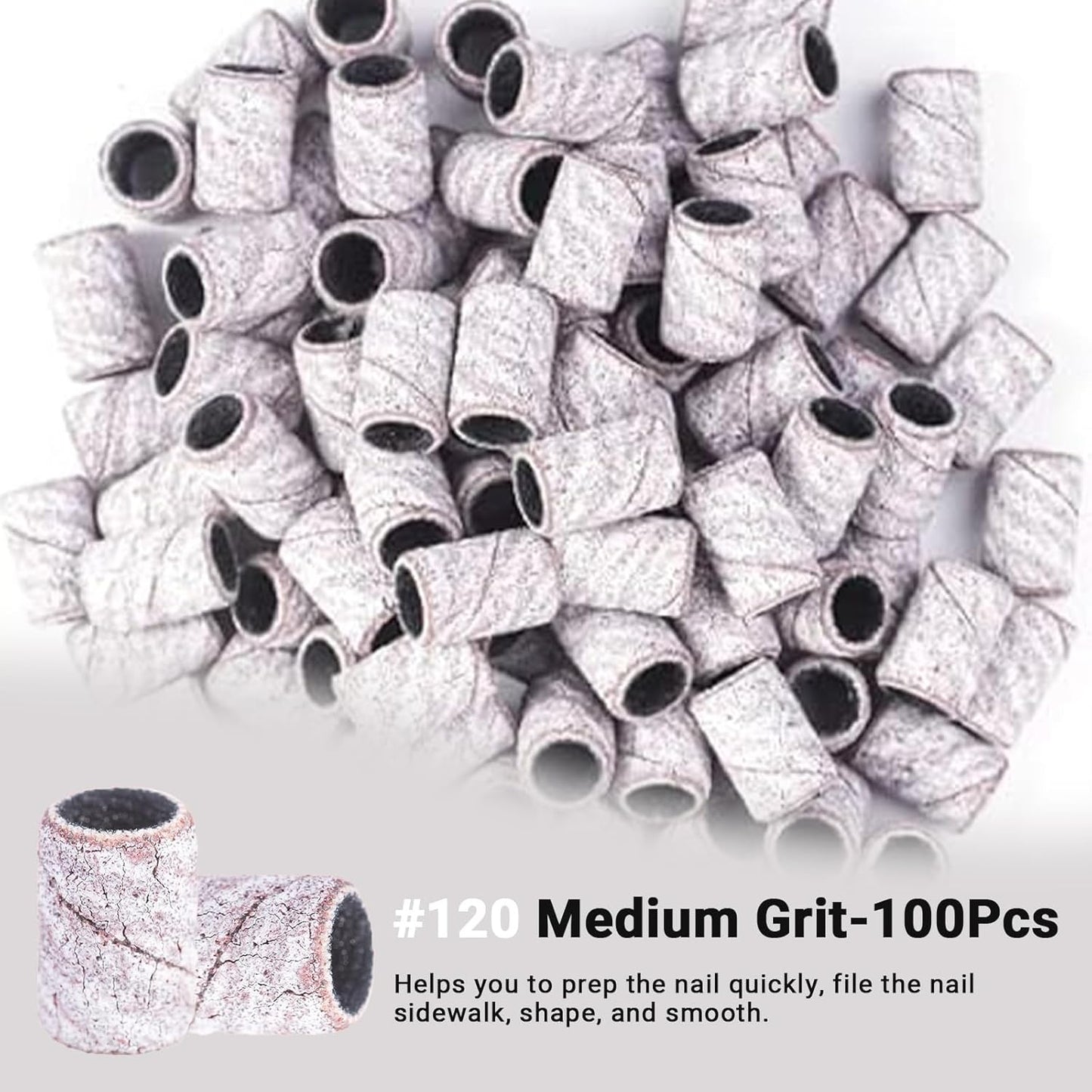 MelodySusie 100 Pcs Nail Drill Bits Sanding Bands for Nail Drill 120 Medium Grit Nail File Sanding Bands for Acrylic Nails Gel Manicures and Pedicure