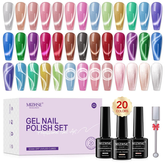 MIZHSE Cat Eye Gel Nail Polish 20 Colors, Ceramic Magnetic Gel Polish Set with Magnet Stick, Trendy Colors Cateye Effect Soak Off Nail Art Salon Home DIY Gift for Women