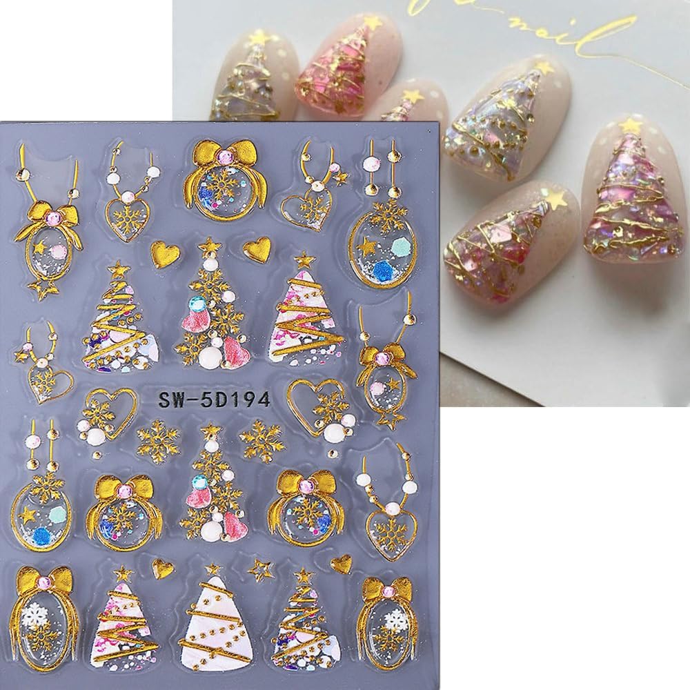 Christmas Nail Stickers 5D Bow Christmas Tree Lantern Ball Nail Art Stickers Winter Embossed Nail Decals Self-Adhesive Xmas Heart Elk Design Sticker Holiday Nail Art Decoration for Women Manicure 3Pcs