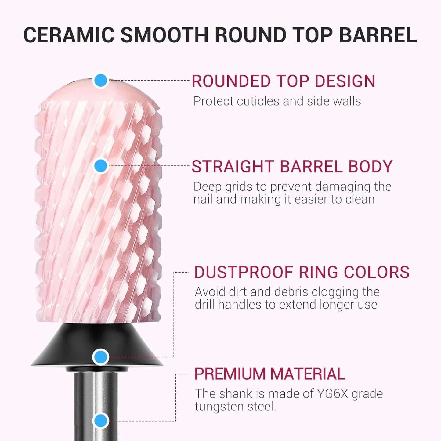 MelodySusie Ceramic Nail Drill Bit, 3/32'' Smooth Round Top Large Barrel Bits, Suitable for Manicure Pedicure Cuticle Gel Polishing, Beginners Bits, Pink, Series Bit-S, Extra Coarse